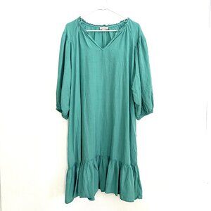 Knox Rose Large Split Neck Puff Sleeve Peasant Dress Green Pockets Missing Belt